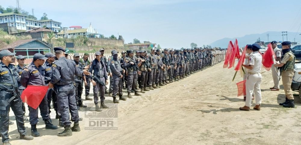 Security forces, both state and central forces, being deployed to maintain law and order at Peren Town on April 10. (DIPR Photo)